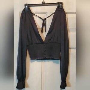 Forever 21 Black Satin Crop Top Deep V Long Sleeve Tie Back Size Small